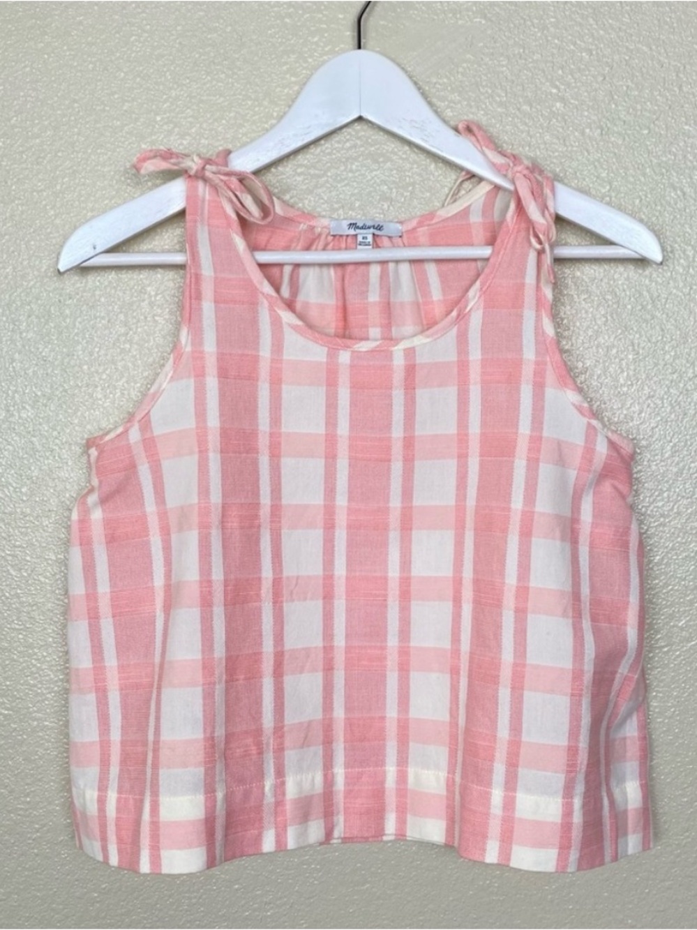 Madewell Pink Plaid Tie-Shoulder Cropped Tank Top